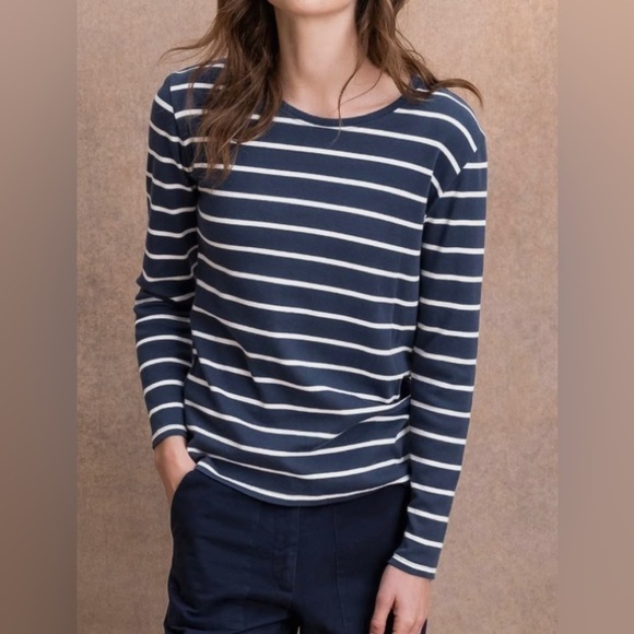 Pull & Bear Blue White Stripe Side Slits Long Sleeve Lightweight Sweater - Picture 1 of 8